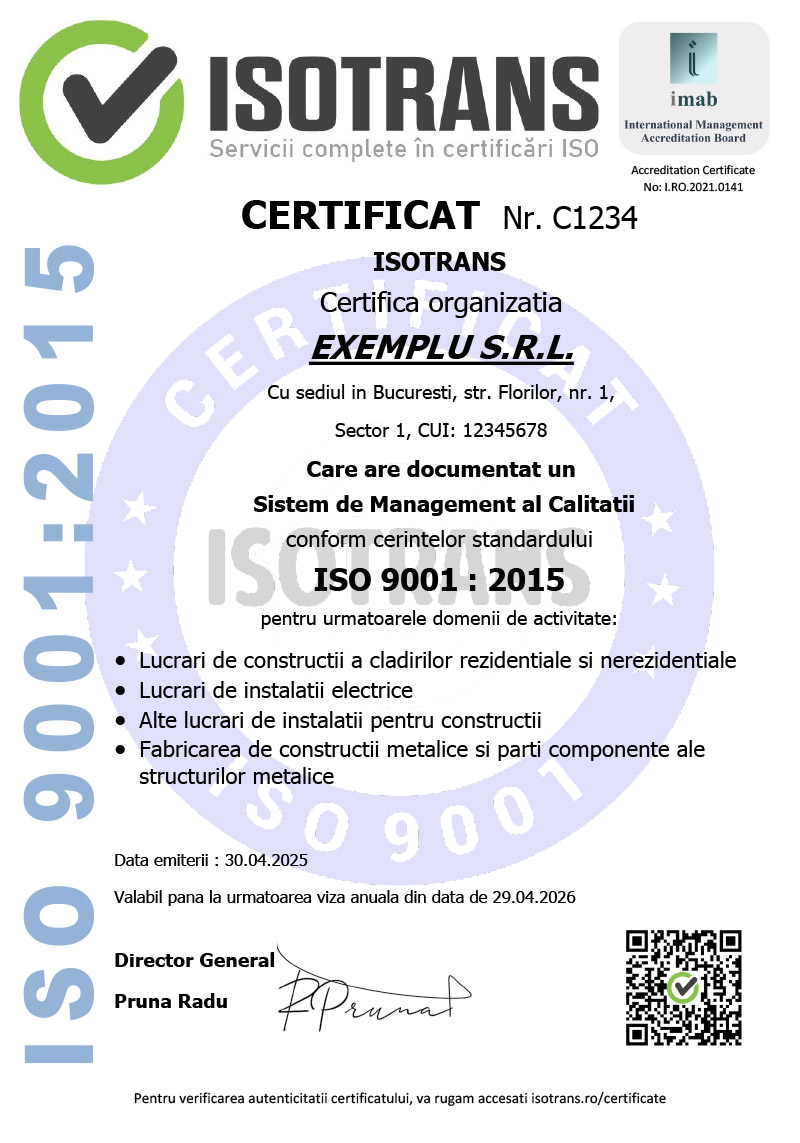 Exemplu de certificat ISO 9001:2015 emis cu acreditare internațională IMAB